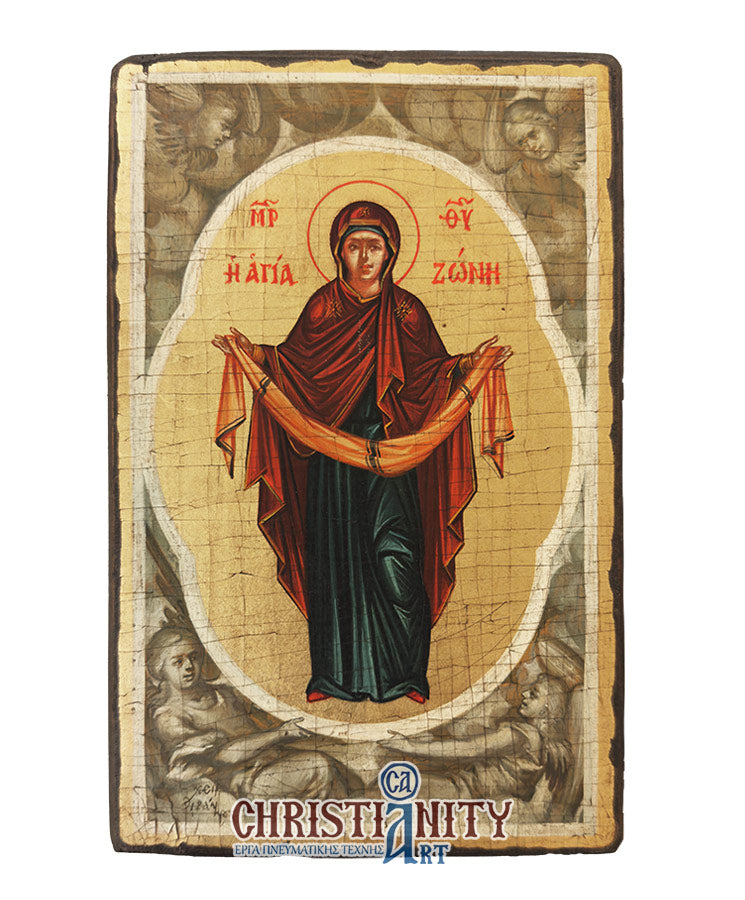 Virgin Mary Holy Belt - 100% handpainted wooden icon in canvas with go ...