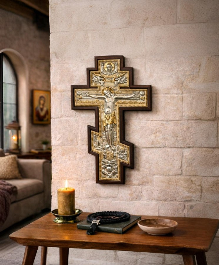 Wooden Holy Cross – Gold-Embossed Crucifix with Byzantine Icon