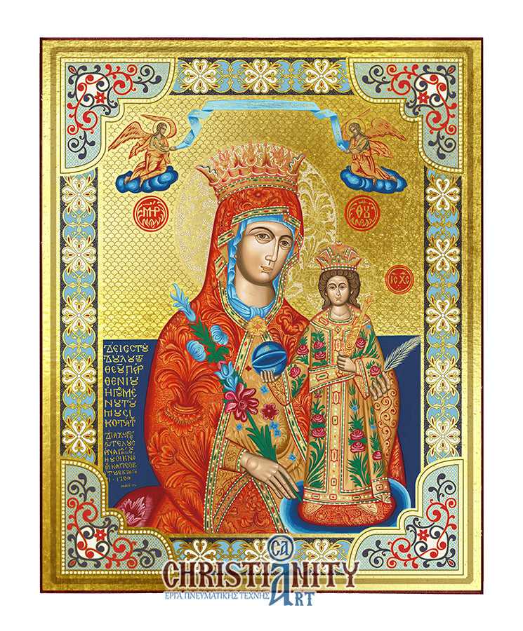 Virgin Mary of Roses - Wooden Icon with Gold Background and High-Quality Print (Lithography) - Mount Athos