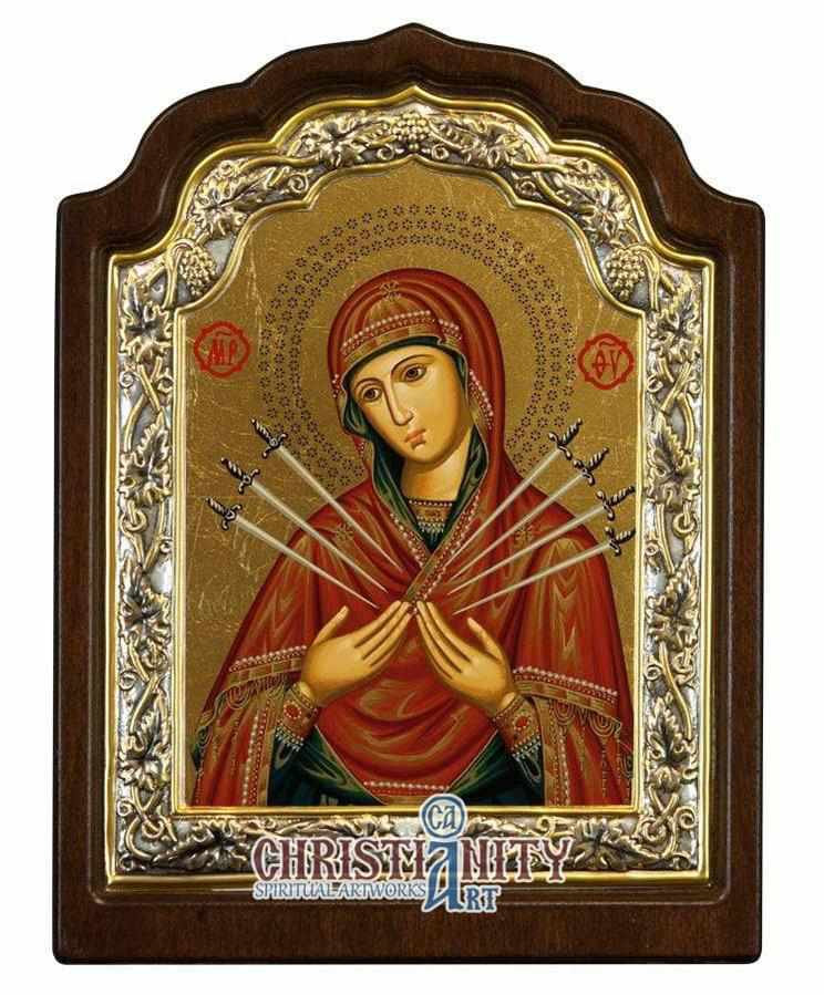 Virgin Mary with 7 Swords - Silver icon on wood, locally gold plated ...