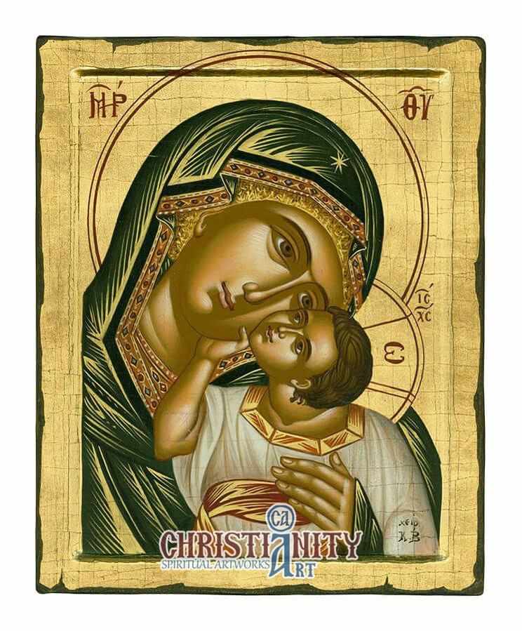 Virgin Mary and Child - 100% handpainted wooden icon in canvas with go ...