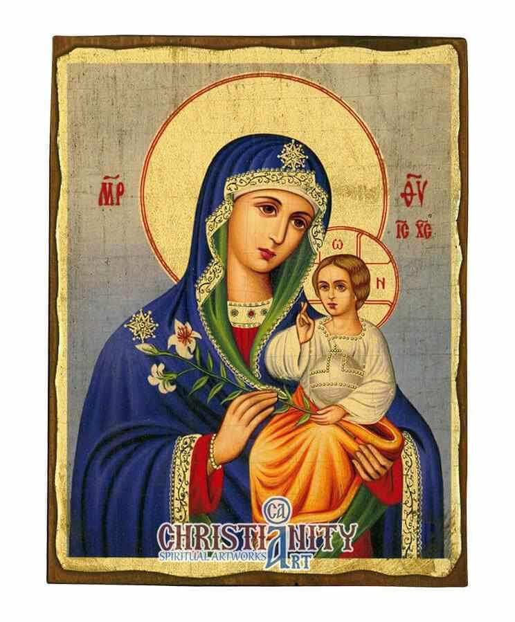 Virgin Mary - Eternal Bloom - Aged wooden icon in canvas with gold bac ...