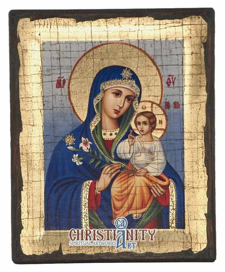 Virgin Mary - Eternal Bloom - Aged wooden icon in canvas with gold bac ...