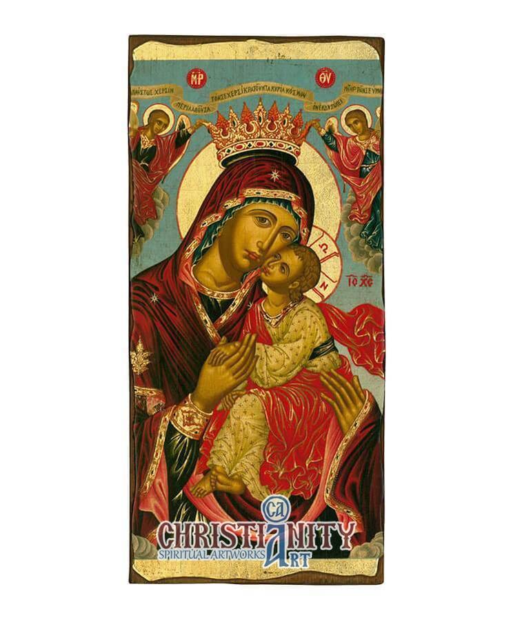 Virgin Mary Glykophilousa - Sweet Kissing - Aged wooden icon in canvas ...