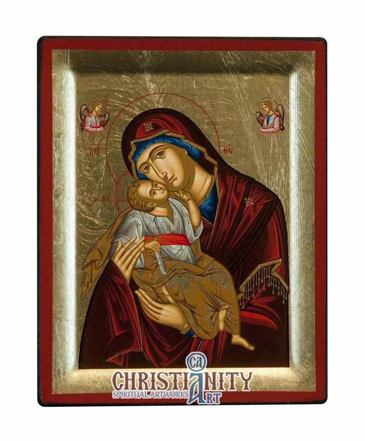 Virgin Mary Glykophilousa - Sweet Kissing - Wooden icon in canvas with ...