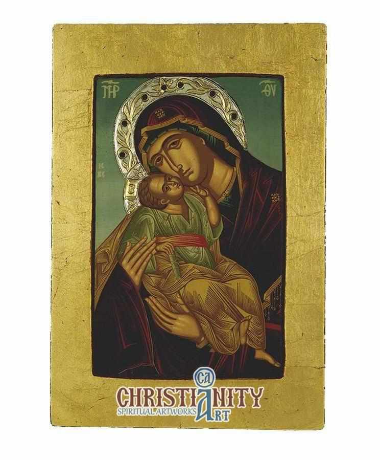 Virgin Mary Glykophilousa - Sweet Kissing - Aged wooden icon with silv ...