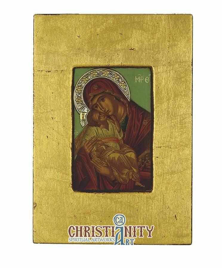Virgin Mary Glykophilousa - Sweet Kissing - Aged wooden icon with silv ...