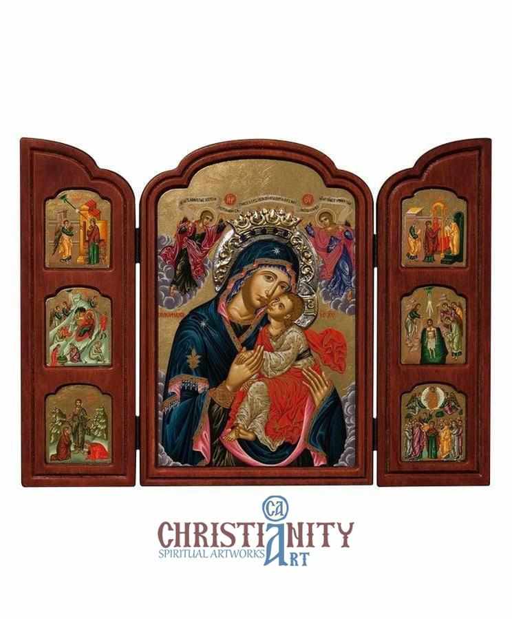 Virgin Mary Glykophilousa - Sweet Kissing - Aged wooden triptych icon ...