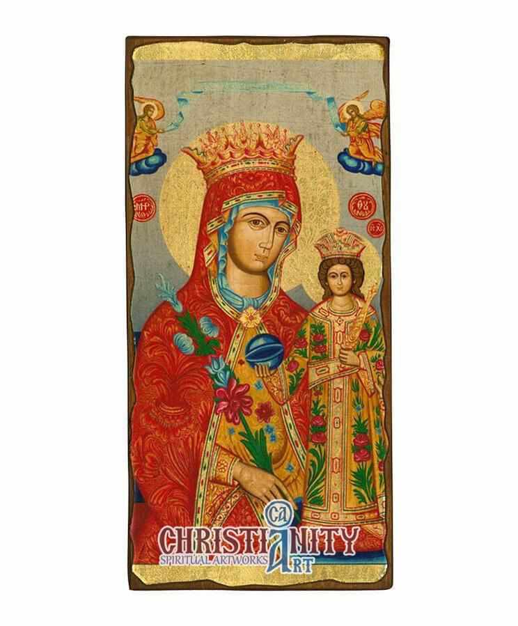 Virgin Mary of Roses - Aged wooden icon in canvas with gold background ...