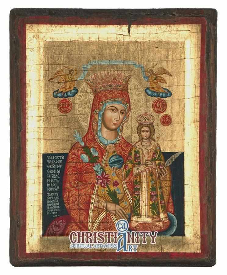 Virgin Mary of Roses - Aged wooden icon in canvas with gold background ...