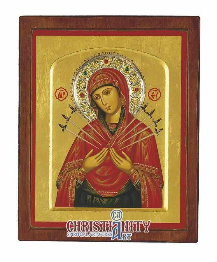 Virgin Mary with 7 Swords - Aged wooden icon with silver halo locally ...
