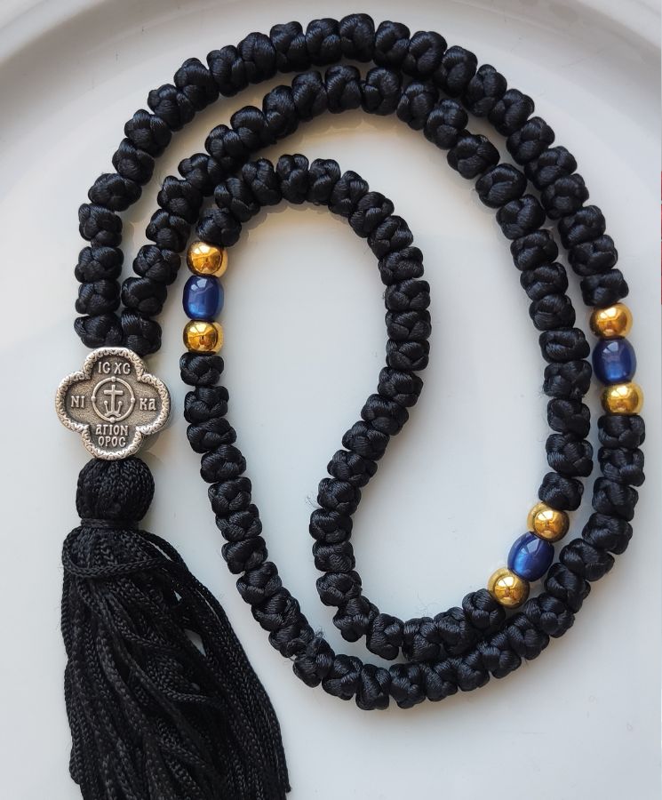 Mount Athos Waxed Prayer Rope with 100 Knots, Metal Cross & Tassel – Available in Black or Red