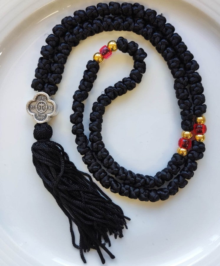 Mount Athos Waxed Prayer Rope with 100 Knots, Metal Cross & Tassel – Available in Black or Red