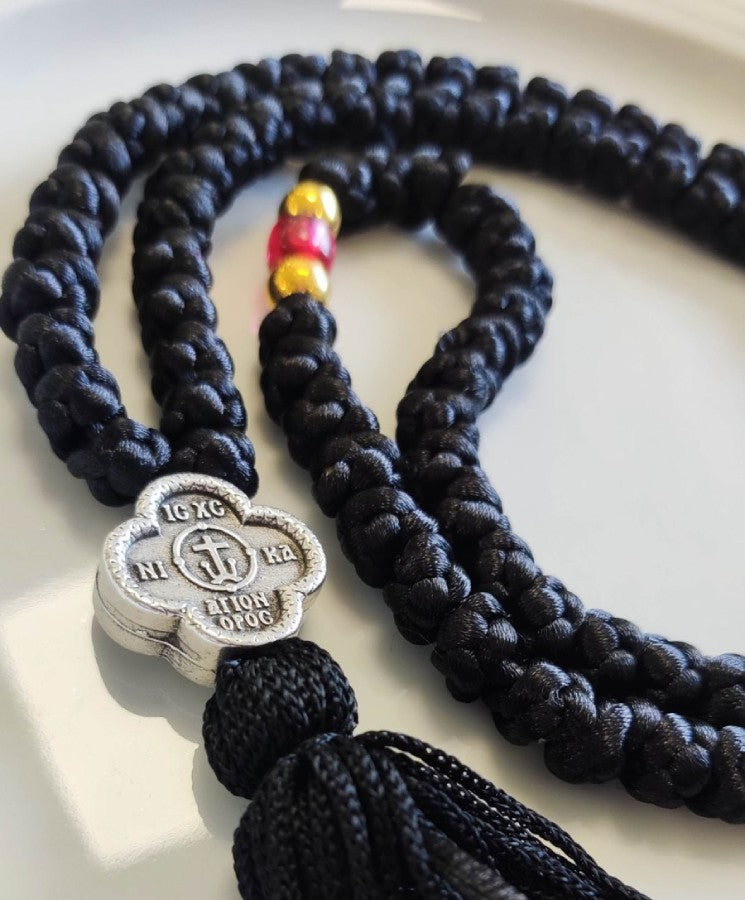 Mount Athos Waxed Prayer Rope with 100 Knots, Metal Cross & Tassel – Available in Black or Red