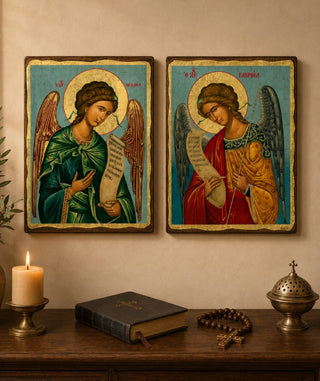 Set of 2 – Archangel Michael & Archangel Gabriel Orthodox Icons – Aged
