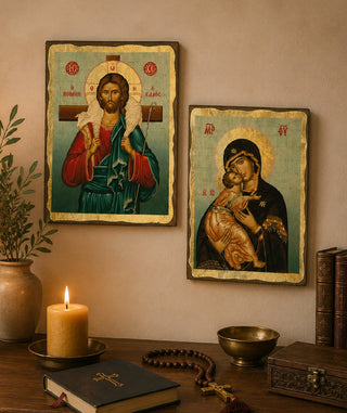 Set of 2 – Jesus Christ Good Shepherd & Virgin Mary of Vladimir Orthodox Icons