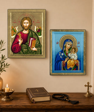 Set of 2 – Jesus Christ Pantocrator & Virgin Mary Eternal Bloom Orthodox Icons