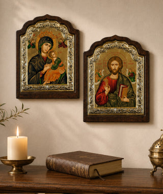 Set of 2 – Jesus Christ Pantocrator & Virgin Mary Perpetual Help Silver Orthodox Icons
