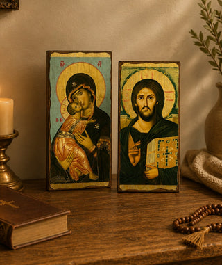 Set of 2 – Jesus Christ Pantocrator & Virgin Mary of Vladimir Aged Orthodox Icons