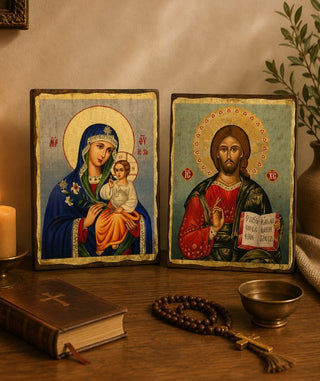 Set of 2 – Jesus Christ from Kazan & Virgin Mary Eternal Bloom Orthodox Icons – Aged