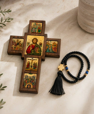 Set of 2 – Wooden Blessing Cross of Jesus Christ & Mount Athos Prayer Rope