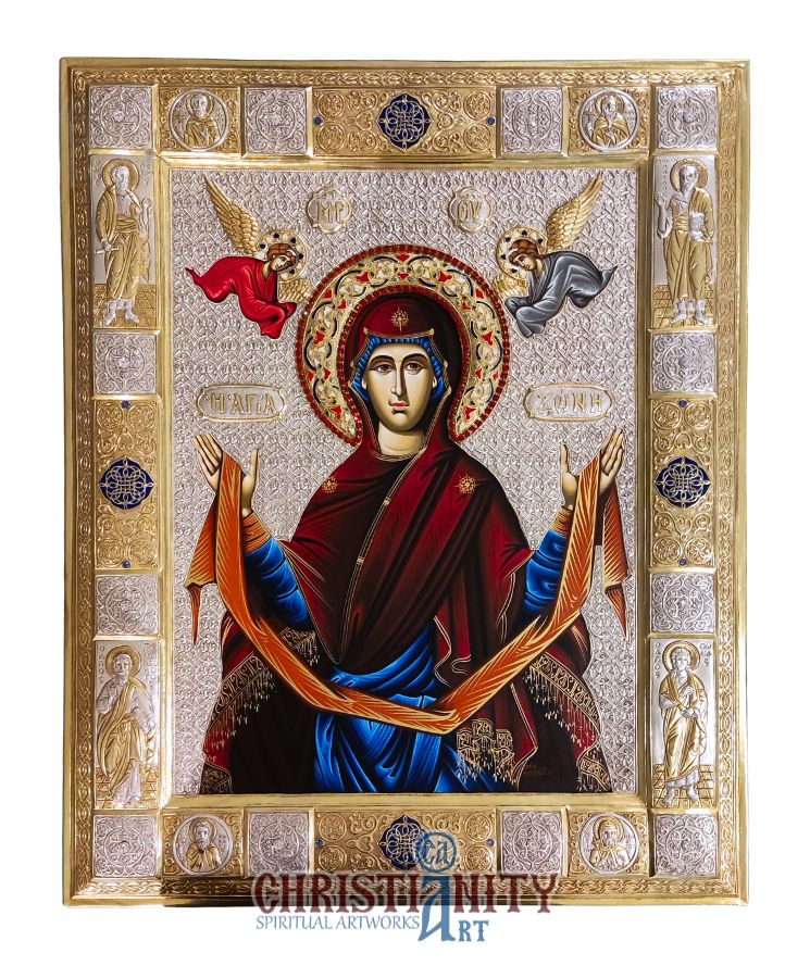 Virgin Mary Holy Belt - Silver icon on wood, locally gold plated and decorated with enamel - Mount Athos
