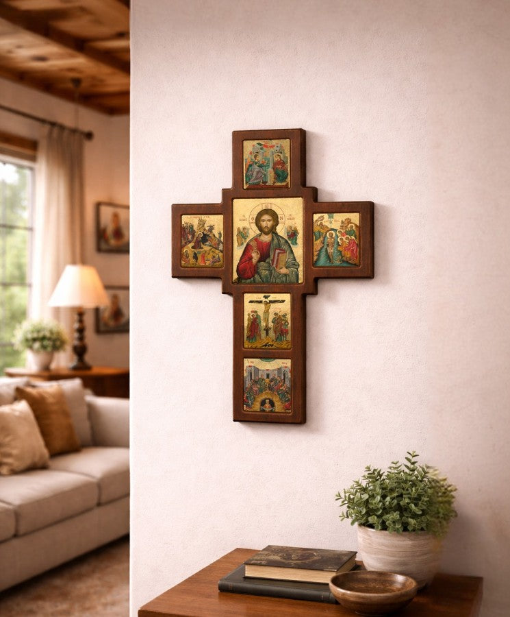 Wooden Blessing Cross of Jesus Christ – Scenes of His Life & Christ Pantocrator Icon