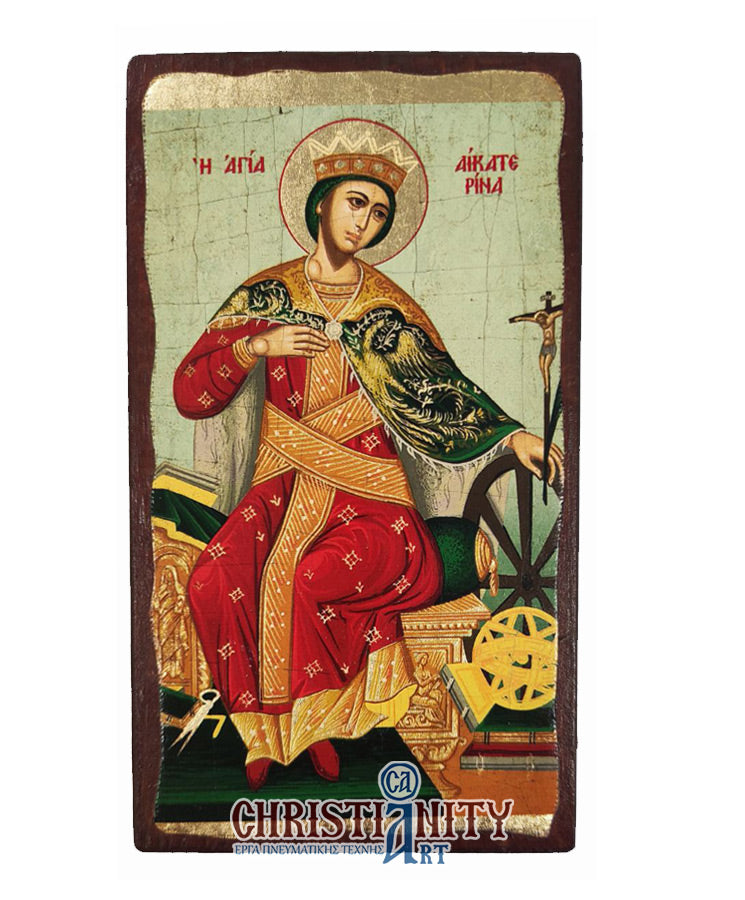 Saint Catherine - Aged wooden icon in canvas with gold background - Mount Athos