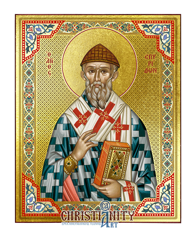 Saint Spyridon - Wooden Icon with Gold Background and High-Quality Print (Lithography) - Mount Athos