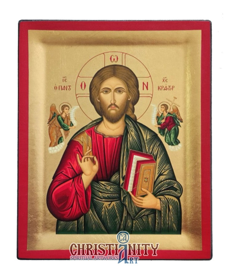 Jesus Christ Pantocrator - Wooden icon in canvas with gold background on carved wood - Mount Athos