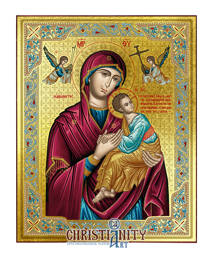 Virgin Mary of Passion - Wooden Icon with Gold Background and High-Quality Print (Lithography) - Mount Athos