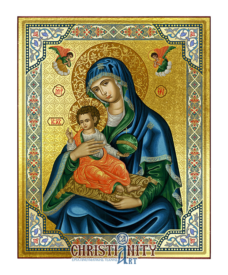 Virgin Mary Vrefokratousa - Child Holding - Wooden Icon with Gold Background and High-Quality Print (Lithography) - Mount Athos