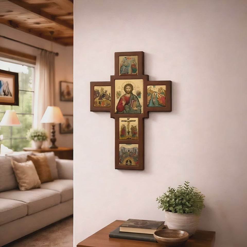 Wooden Blessing Cross of Jesus Christ – Scenes of His Life & Christ Pantocrator Icon