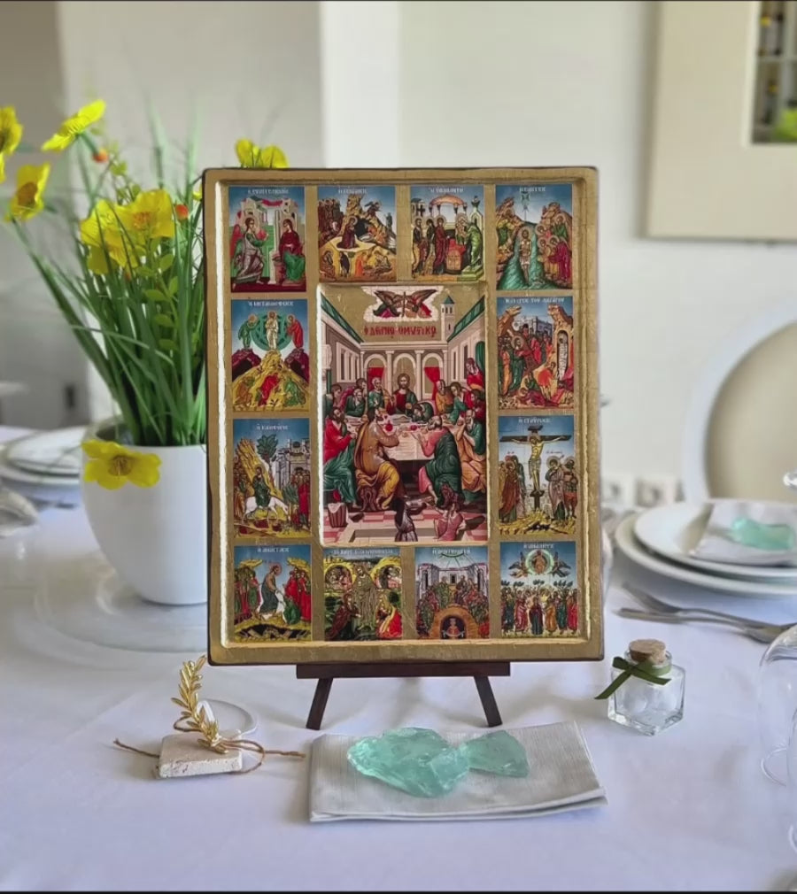 Dodekaorton - 12 Great Feasts - Wooden icon in canvas with gold background on carved wood - Mount Athos