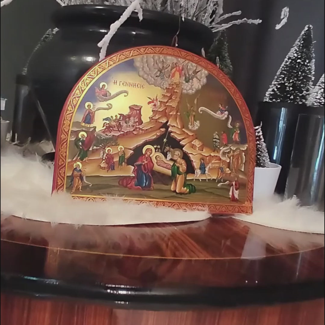 The Birth of Jesus Christ - Wooden Icon with Gold Background and High-Quality Print (Lithography)