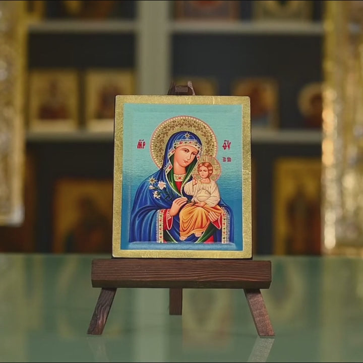 Virgin Mary - Eternal Bloom - Wooden icon in canvas with gold background on carved wood - Mount Athos