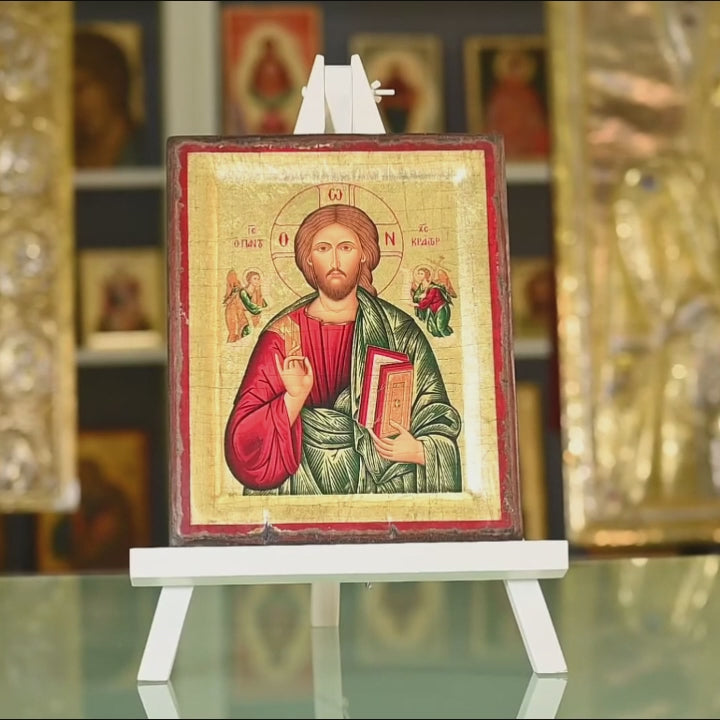 Jesus Christ Pantocrator - Aged wooden icon in canvas with gold background on carved wood - Mount Athos