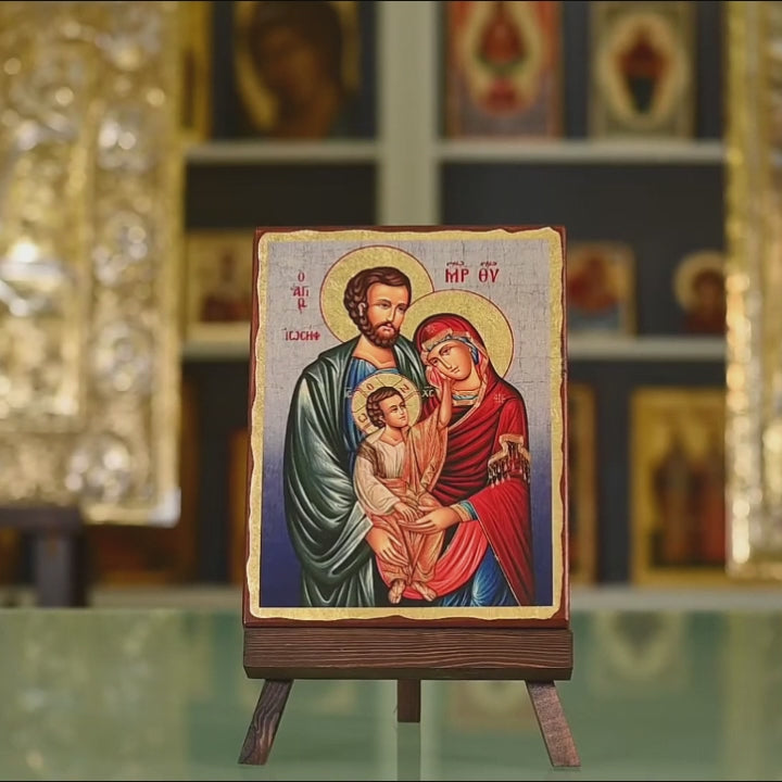 The Holy Family - Aged wooden icon in canvas with gold background - Mount Athos