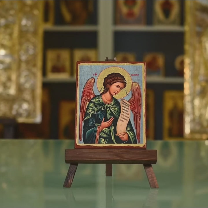 Archangel Michael - Aged wooden icon in canvas with gold background - Mount Athos