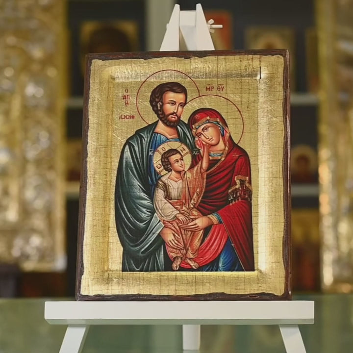 The Holy Family - Aged wooden icon in canvas with gold background on carved wood - Mount Athos