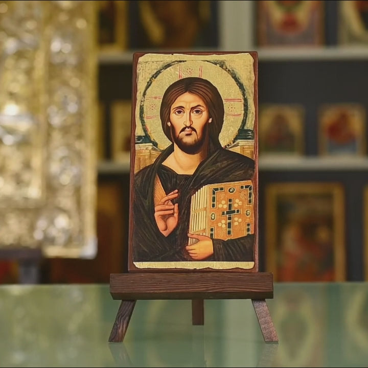 Jesus Christ Pantocrator - Aged wooden icon in canvas with gold background - Mount Athos