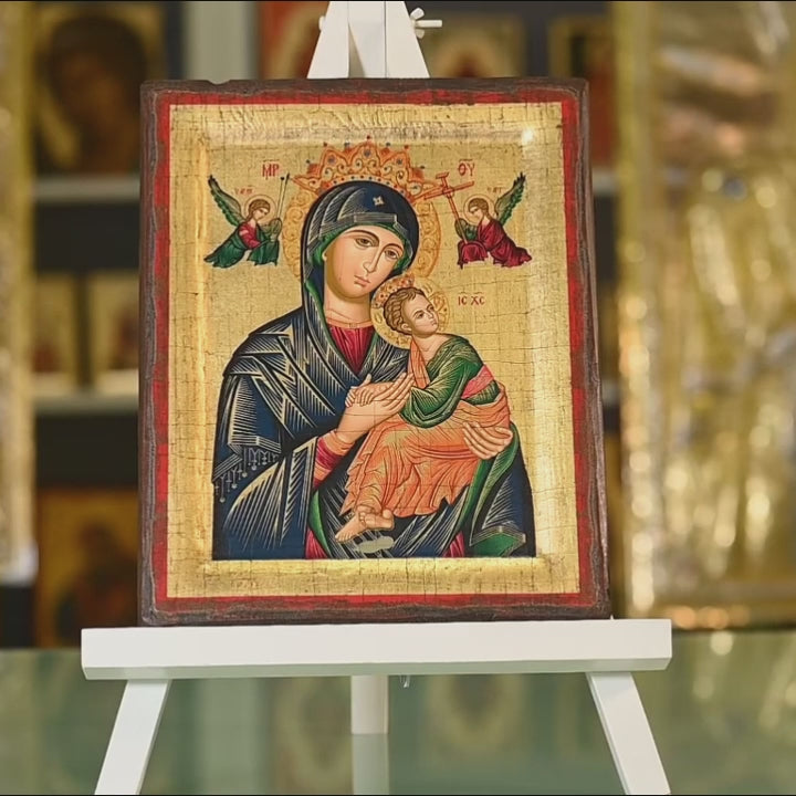 Virgin Perpetual Help - Aged wooden icon in canvas with gold background on carved wood - Mount Athos