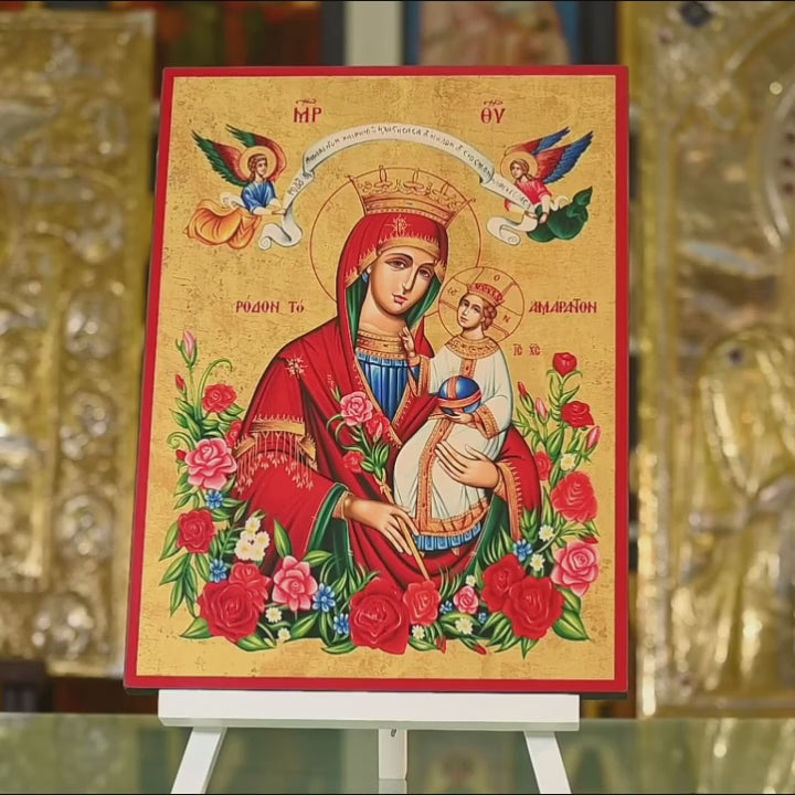 Virgin Mary of Roses - Wooden lithography icon with gold background - Mount Athos