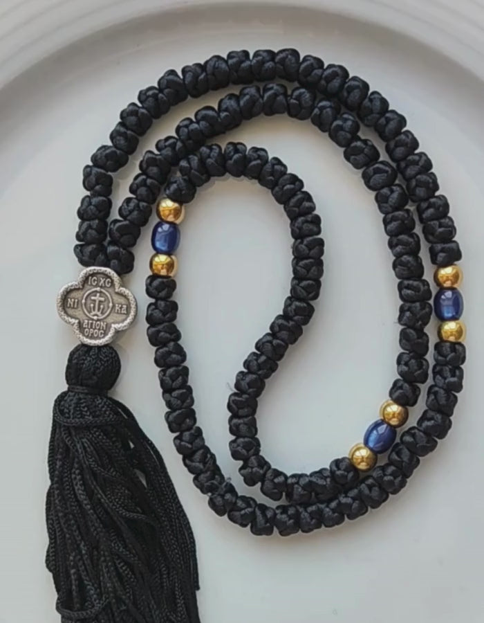 Mount Athos Waxed Prayer Rope with 100 Knots, Metal Cross & Tassel – Available in Black or Red