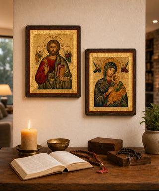 Set of 2 – Jesus Christ Pantocrator & Virgin Mary Perpetual Help Orthodox Icons