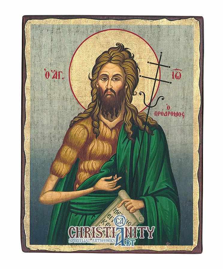 Saint John the Baptist - Aged wooden icon in canvas with gold background - Mount Athos