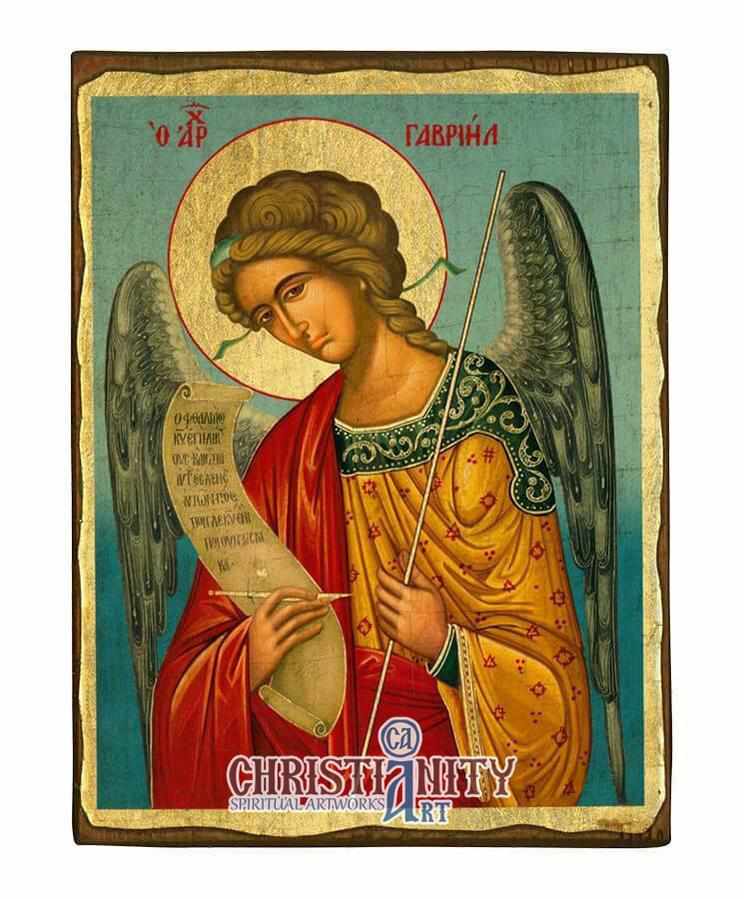 Archangel Gabriel - Aged wooden icon in canvas with gold background - Mount Athos