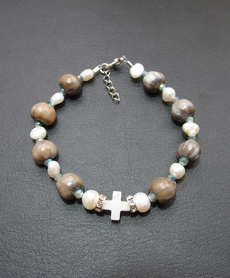 Howlite bracelet with howlite cross-Christianity Art