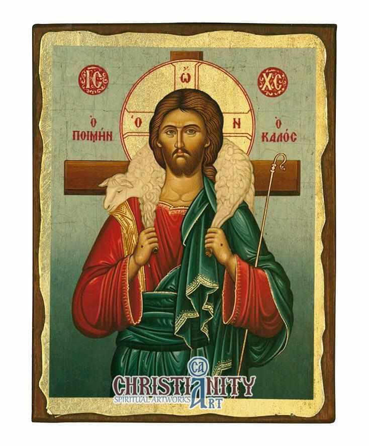 Jesus Christ Good Shepherd - Aged wooden icon in canvas with gold background - Mount Athos