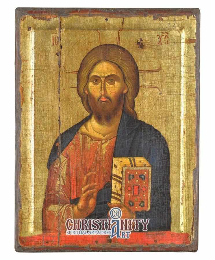 Jesus Christ Pantocrator (Engraved old - looking icon - S-EW Series)-Christianity Art